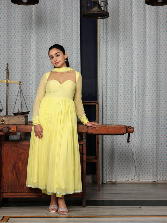 Chandani Chiffon Anarkali suit with handpainted dupatta set of 3