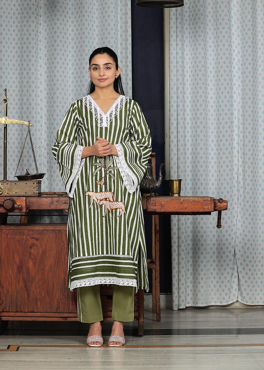 Neemrang Green Patchwork Kurta set with embellishment.