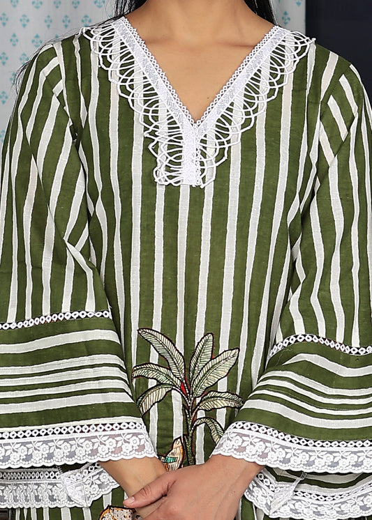 Neemrang Green Patchwork Kurta set with embellishment.