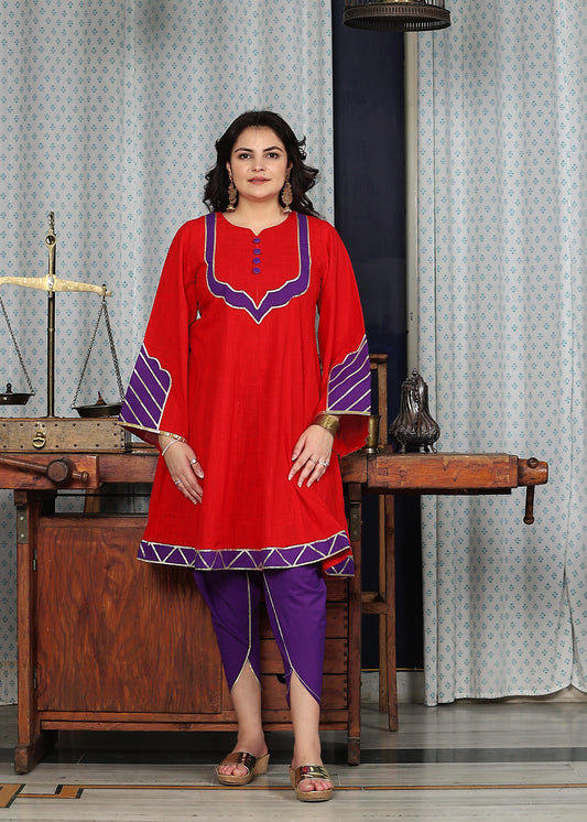 red kurta with dhoti pants with gota details