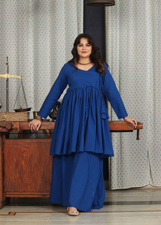 blue palazzo cotton set with flared kurta set of 3 with handpainted dupatta