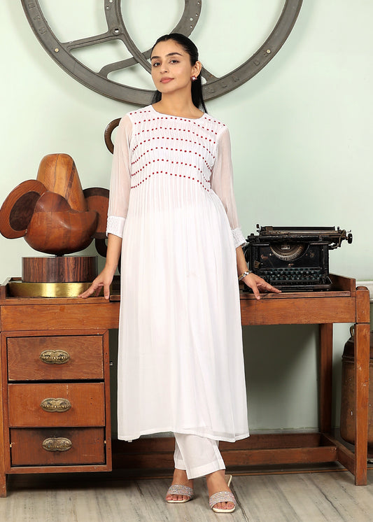 white chiffon pintucks handwork kurta set of 2
