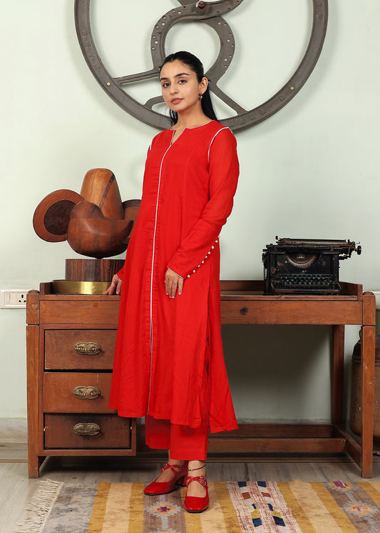 red malmal kurta set with inner and pants