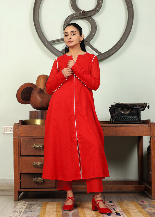 red malmal kurta set with inner and pants