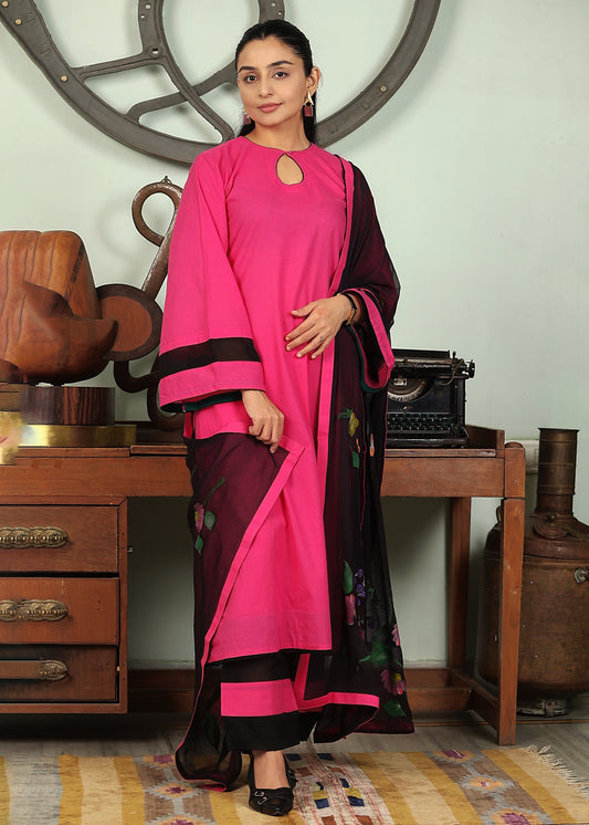rani flared sleeves kurta set with handpainted dupatta