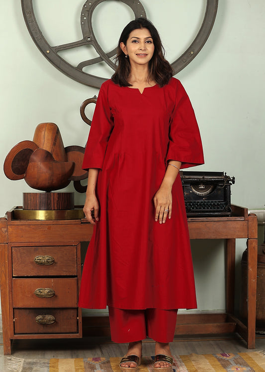 maroon cotton kurta set with pintucks