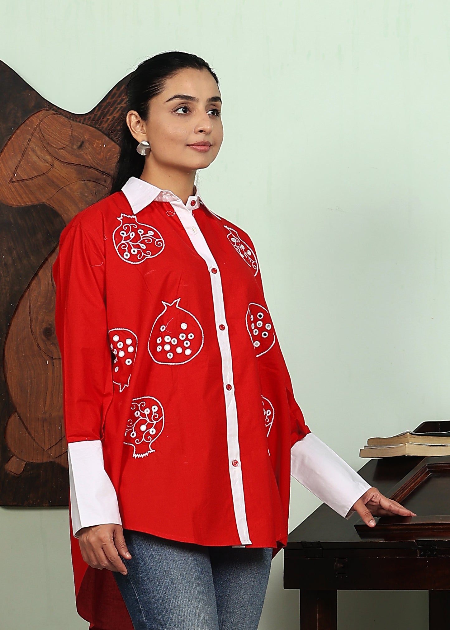 red shirt with white collar and cuffs  with handwork