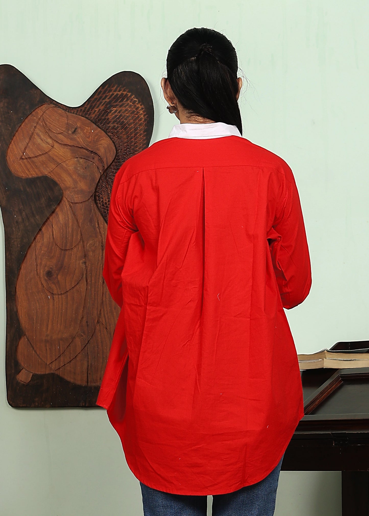 red shirt with white collar and cuffs  with handwork