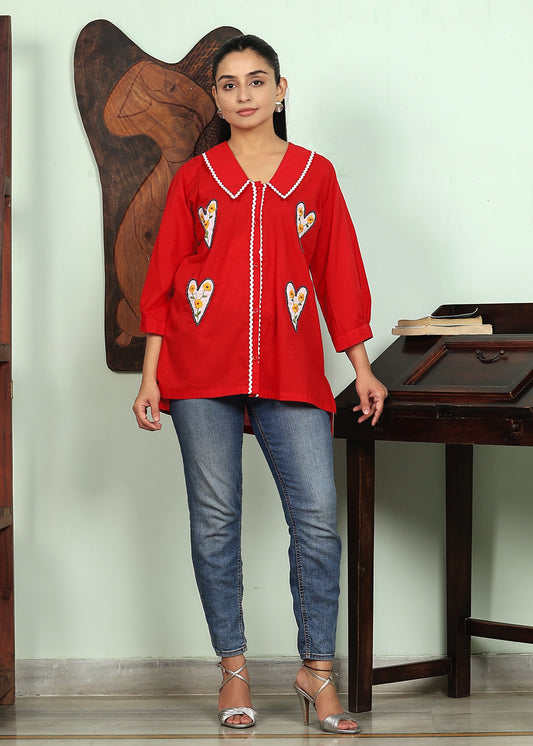 red shirt with hearts patchwork  & hand embroidery