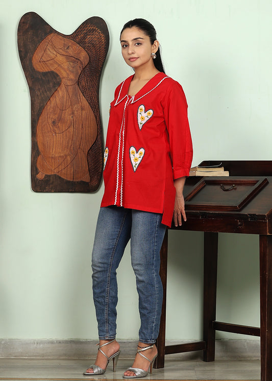 red shirt with hearts patchwork & hand embroidery