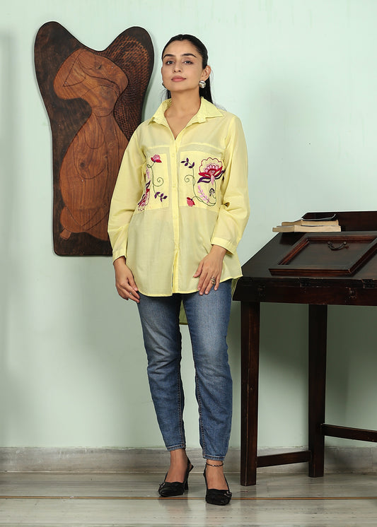 yellow shirt with floral handembroidery
