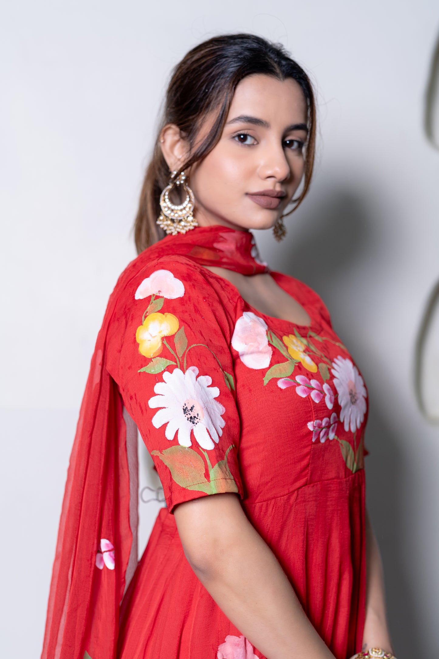 RED CHIFFON ANARKALI Kurta with Pant and Dupatta