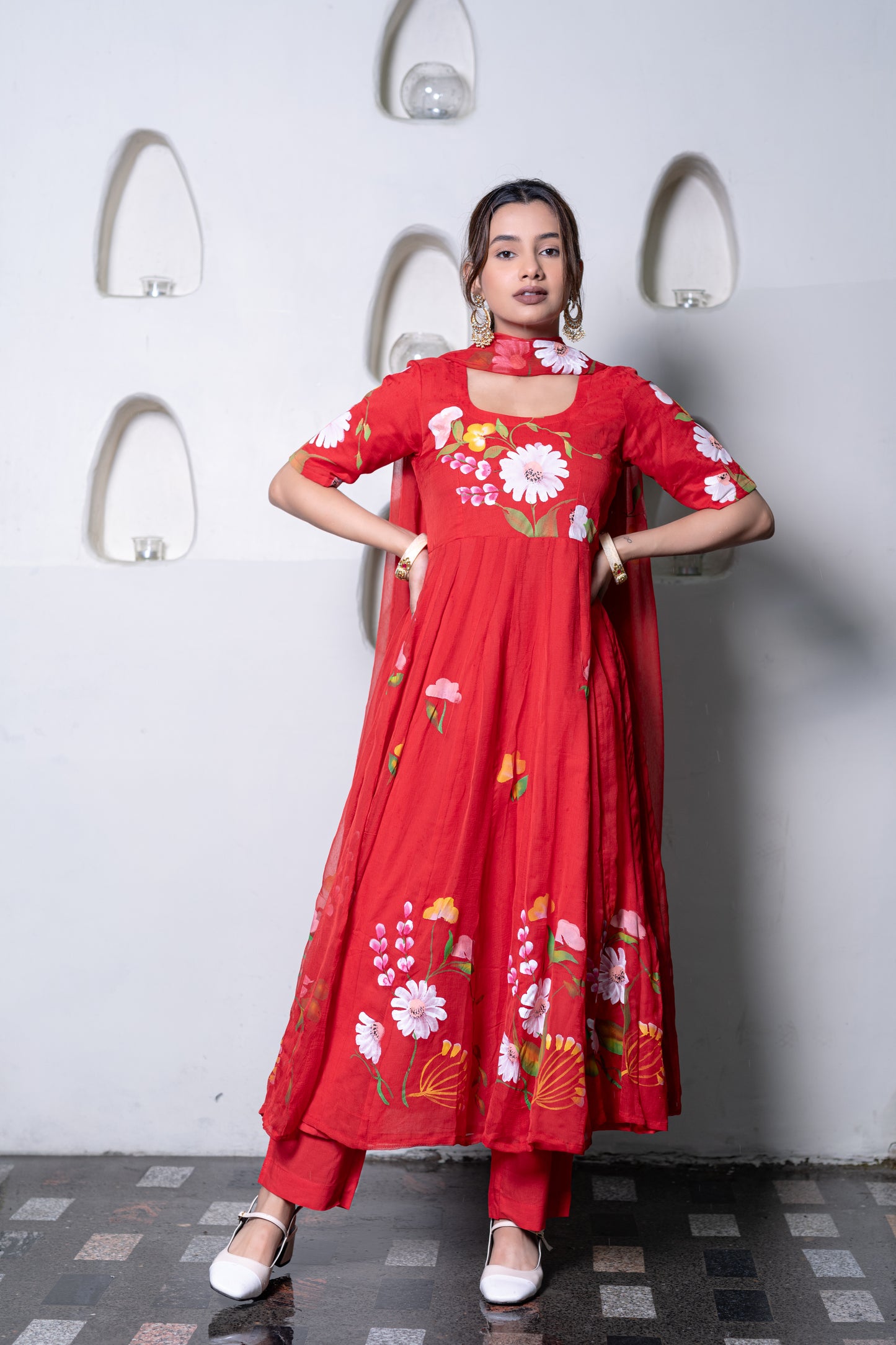 RED CHIFFON ANARKALI Kurta with Pant and Dupatta