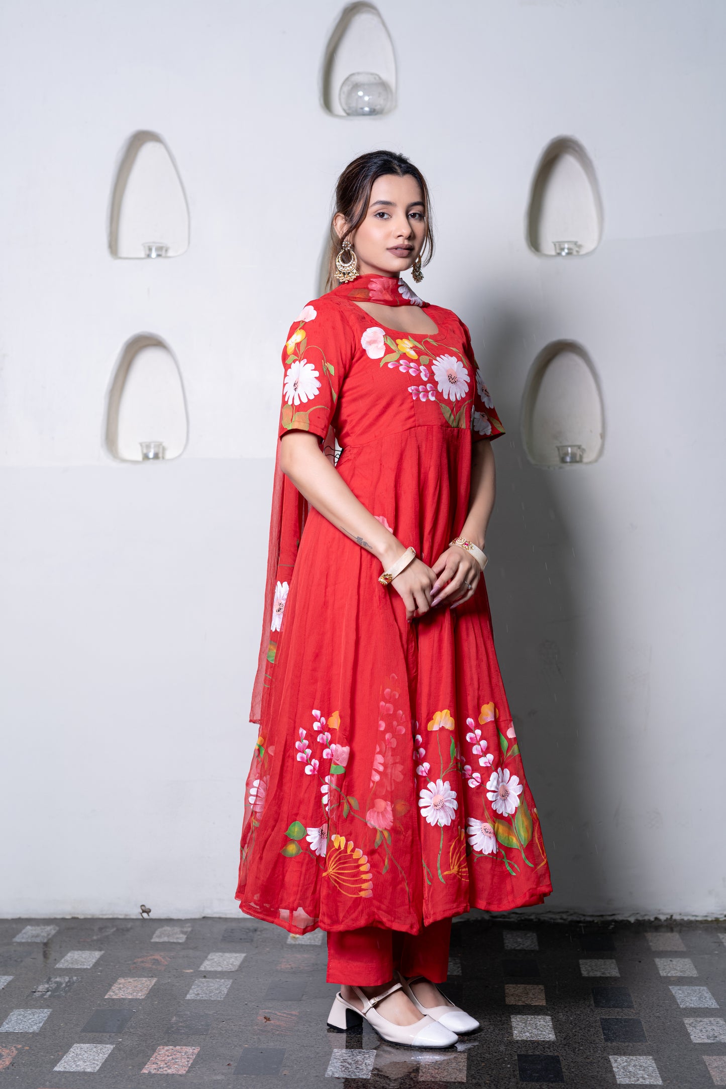 RED CHIFFON ANARKALI Kurta with Pant and Dupatta