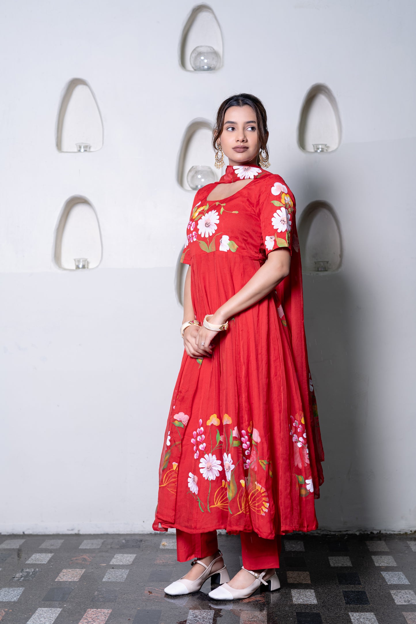 RED CHIFFON ANARKALI Kurta with Pant and Dupatta