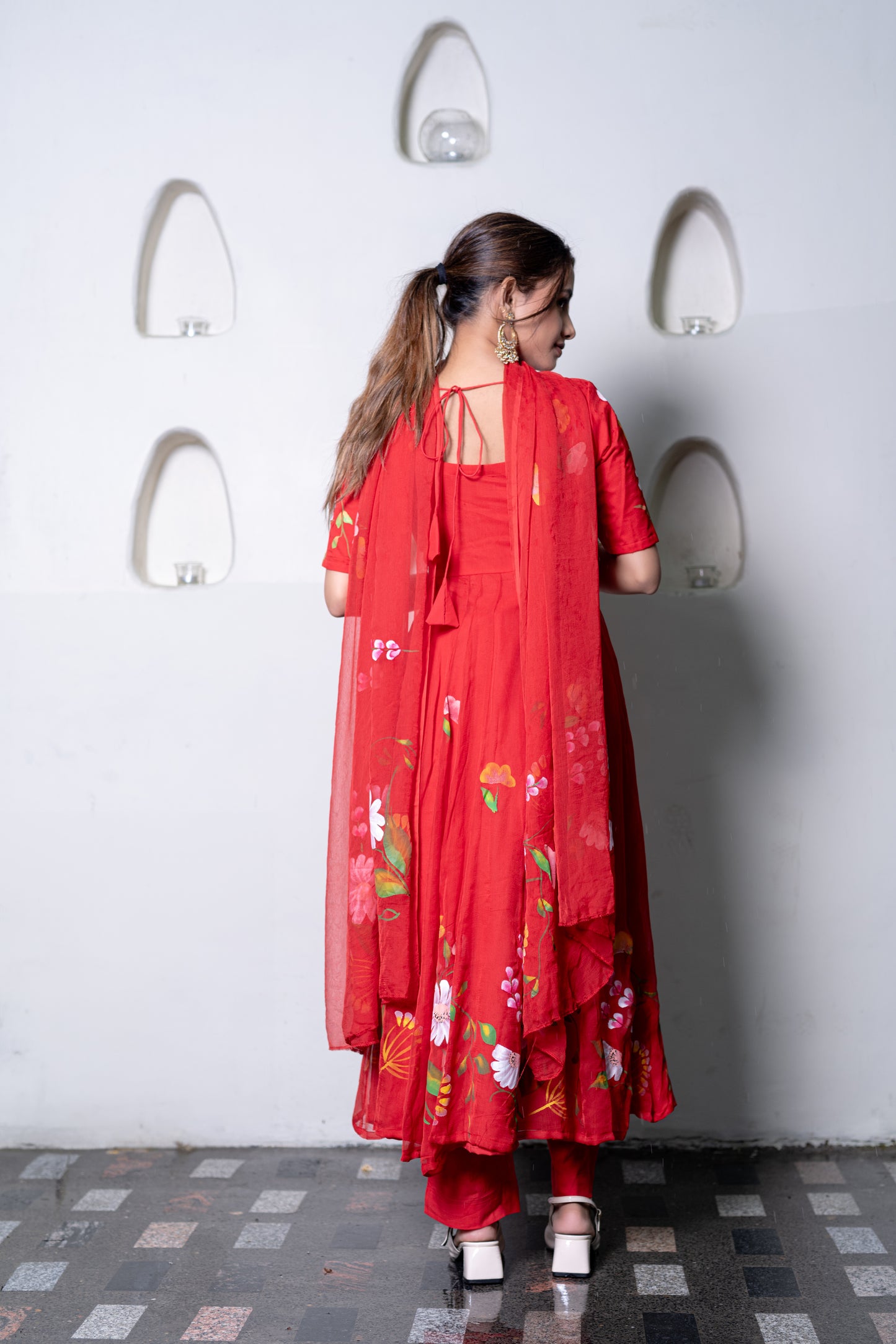 RED CHIFFON ANARKALI Kurta with Pant and Dupatta