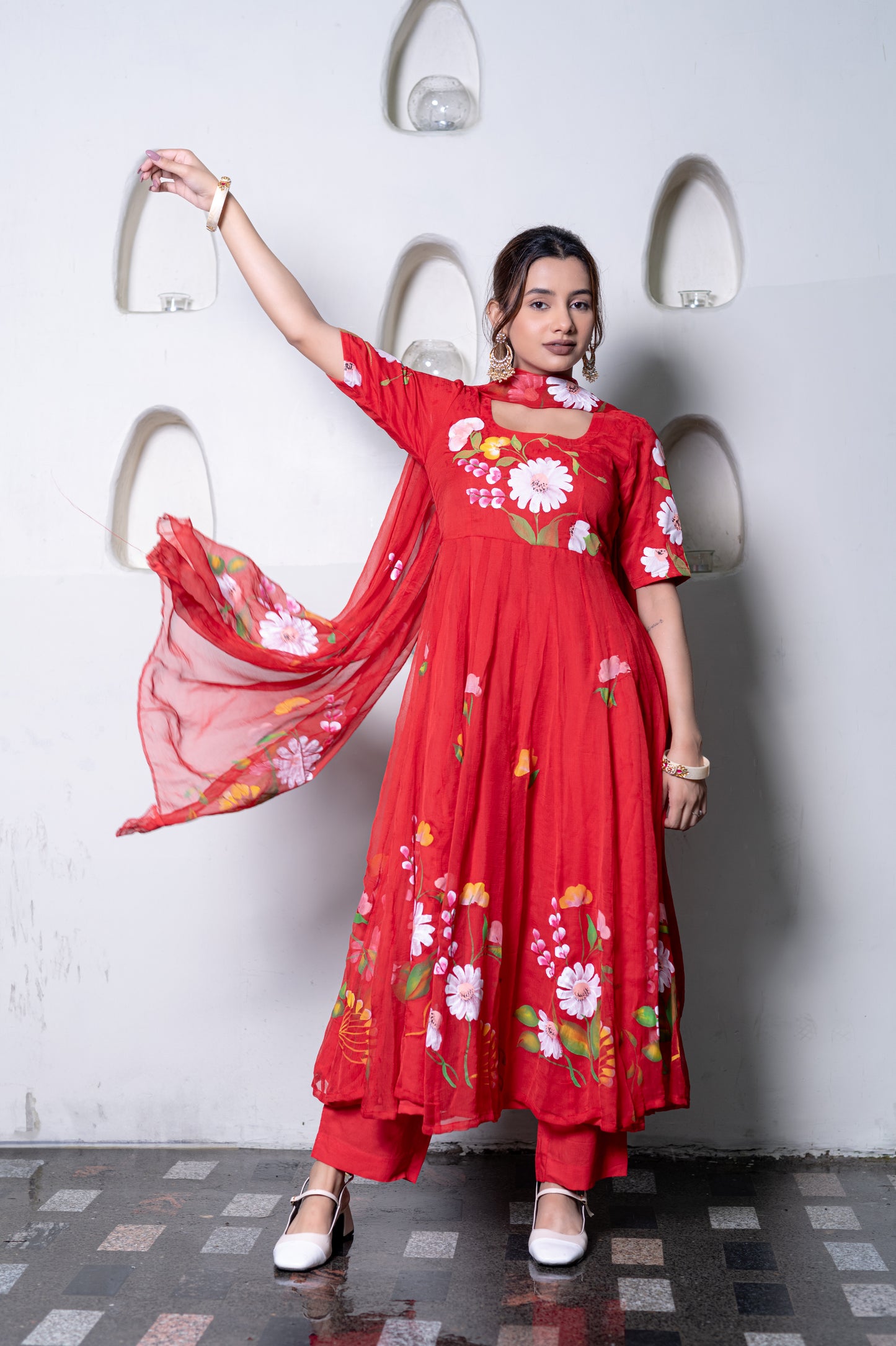 RED CHIFFON ANARKALI Kurta with Pant and Dupatta