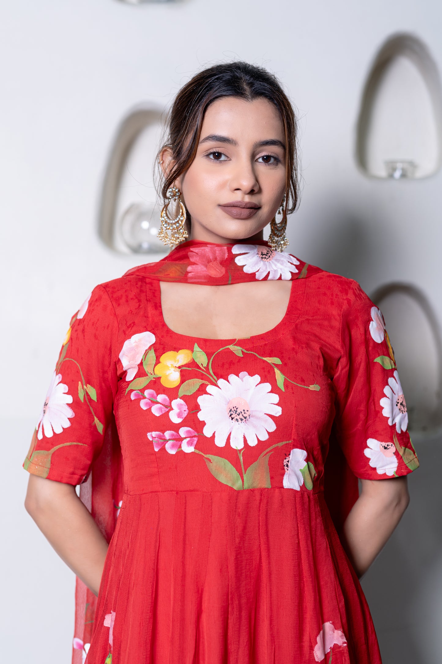 RED CHIFFON ANARKALI Kurta with Pant and Dupatta