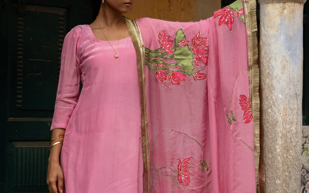 Tamara pink crepe organza suit set