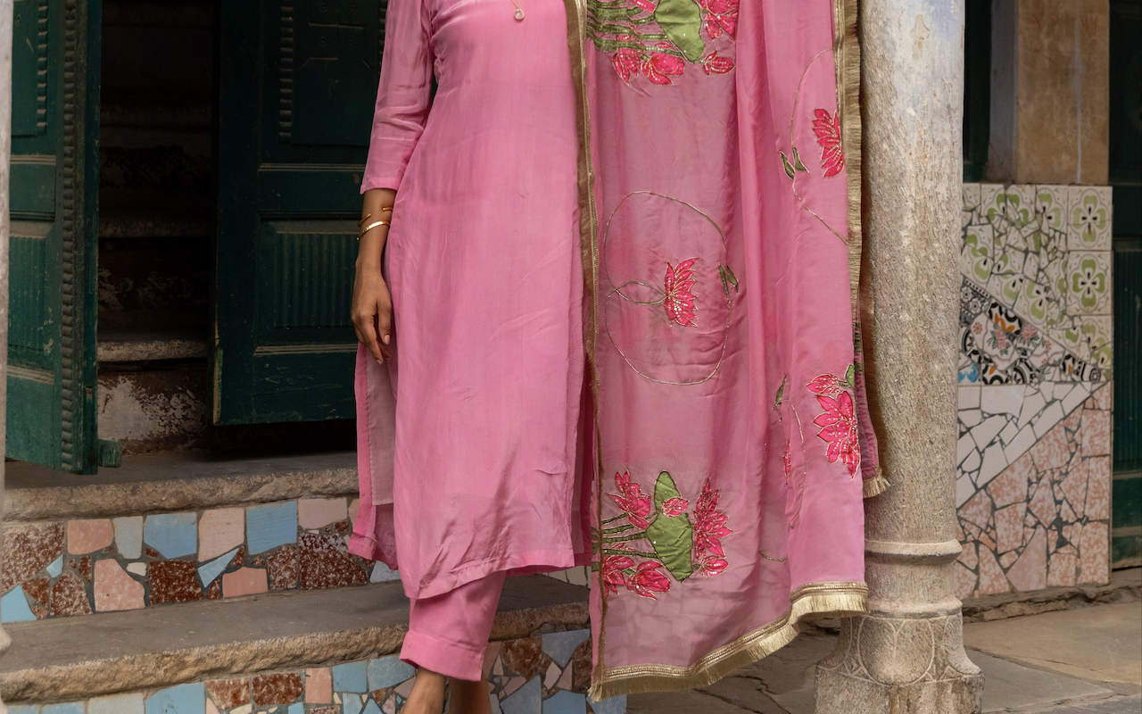 Tamara pink crepe organza suit set