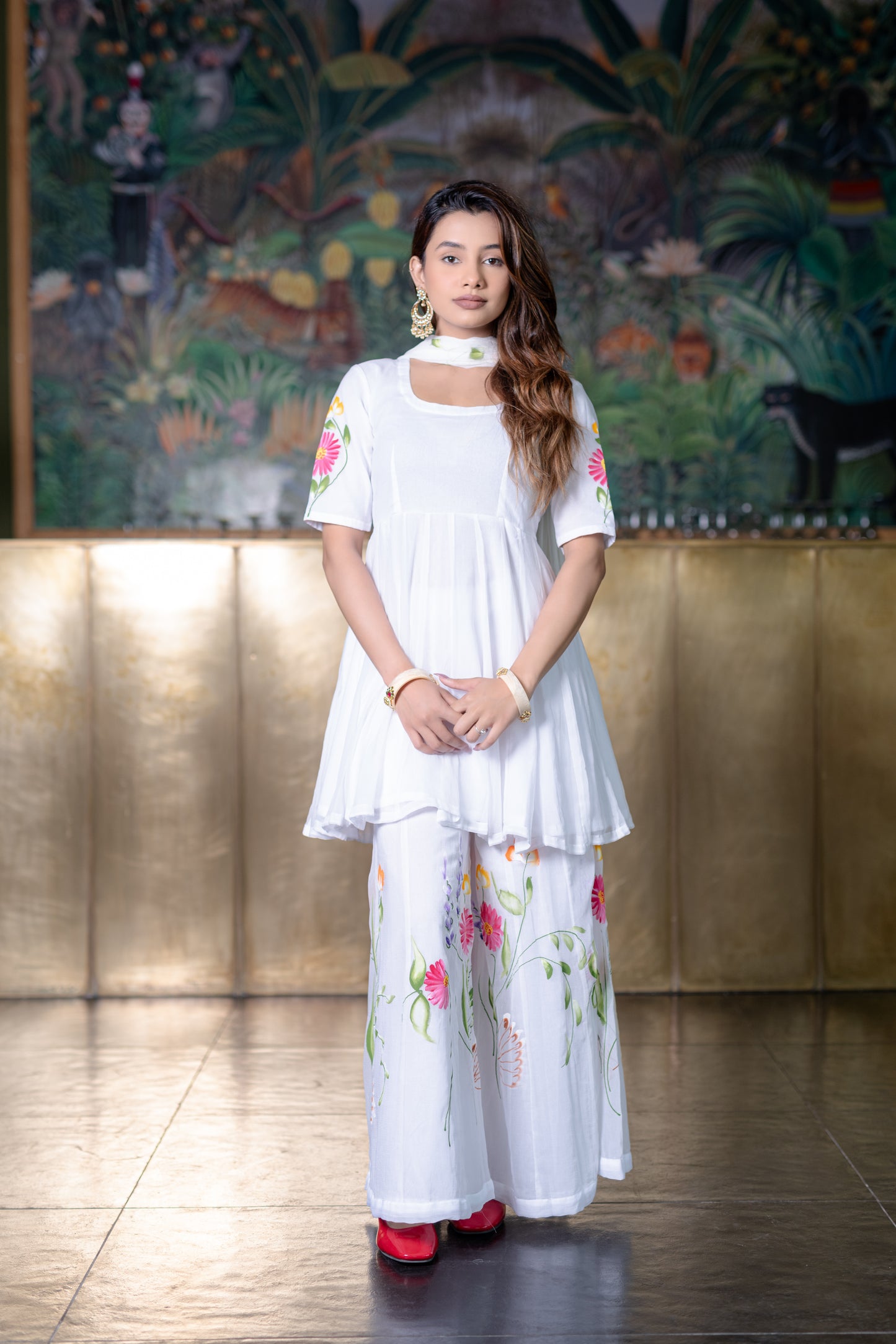 WHITE CHIFFON Kurta with PALAZZO and Dupatta