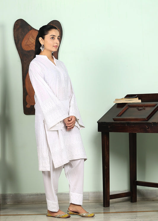 white chickenkari salwar kurat set of 2