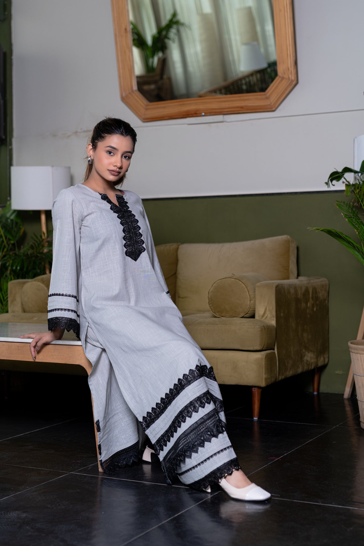LIGHT GREY COTTON PAKISTANI Kurta with Palazzo