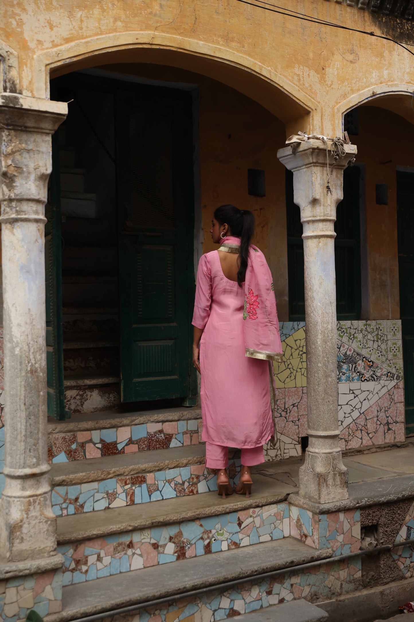 Tamara pink crepe organza suit set