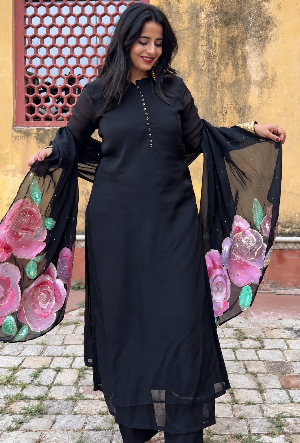 Surma Black Organza Handpainted & Handembroidered Kurta Set of 3