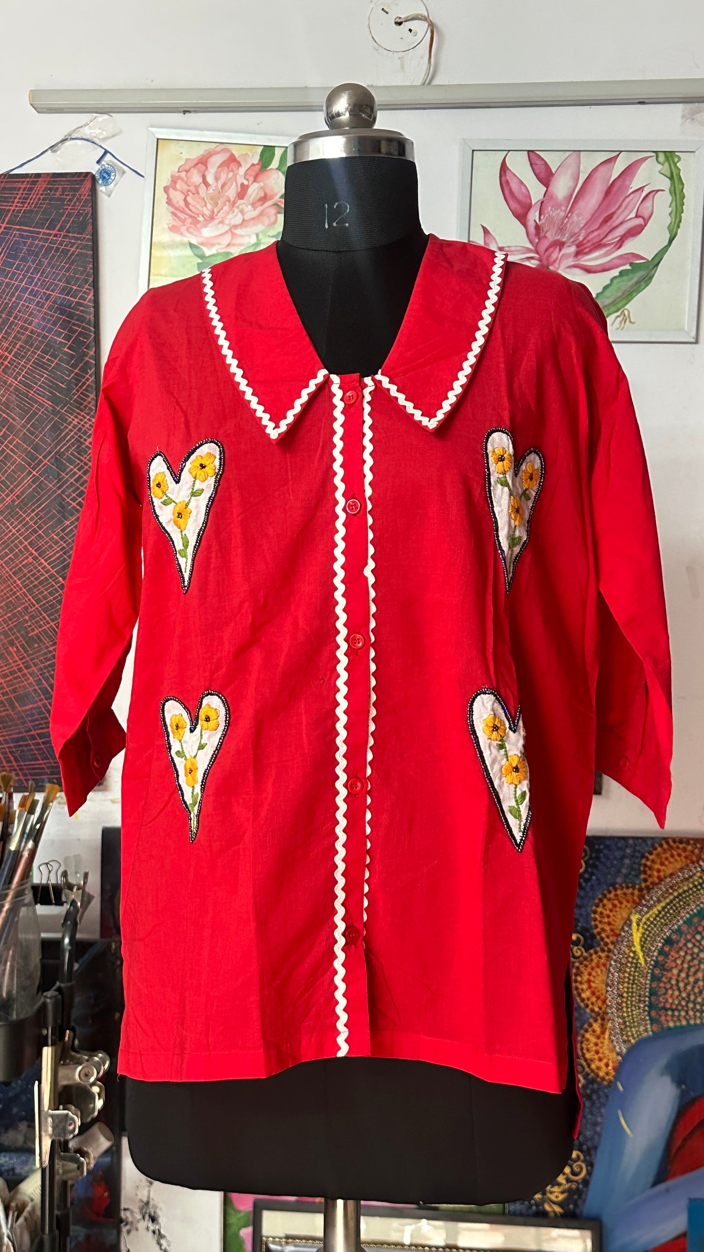 red shirt with hearts patchwork & hand embroidery