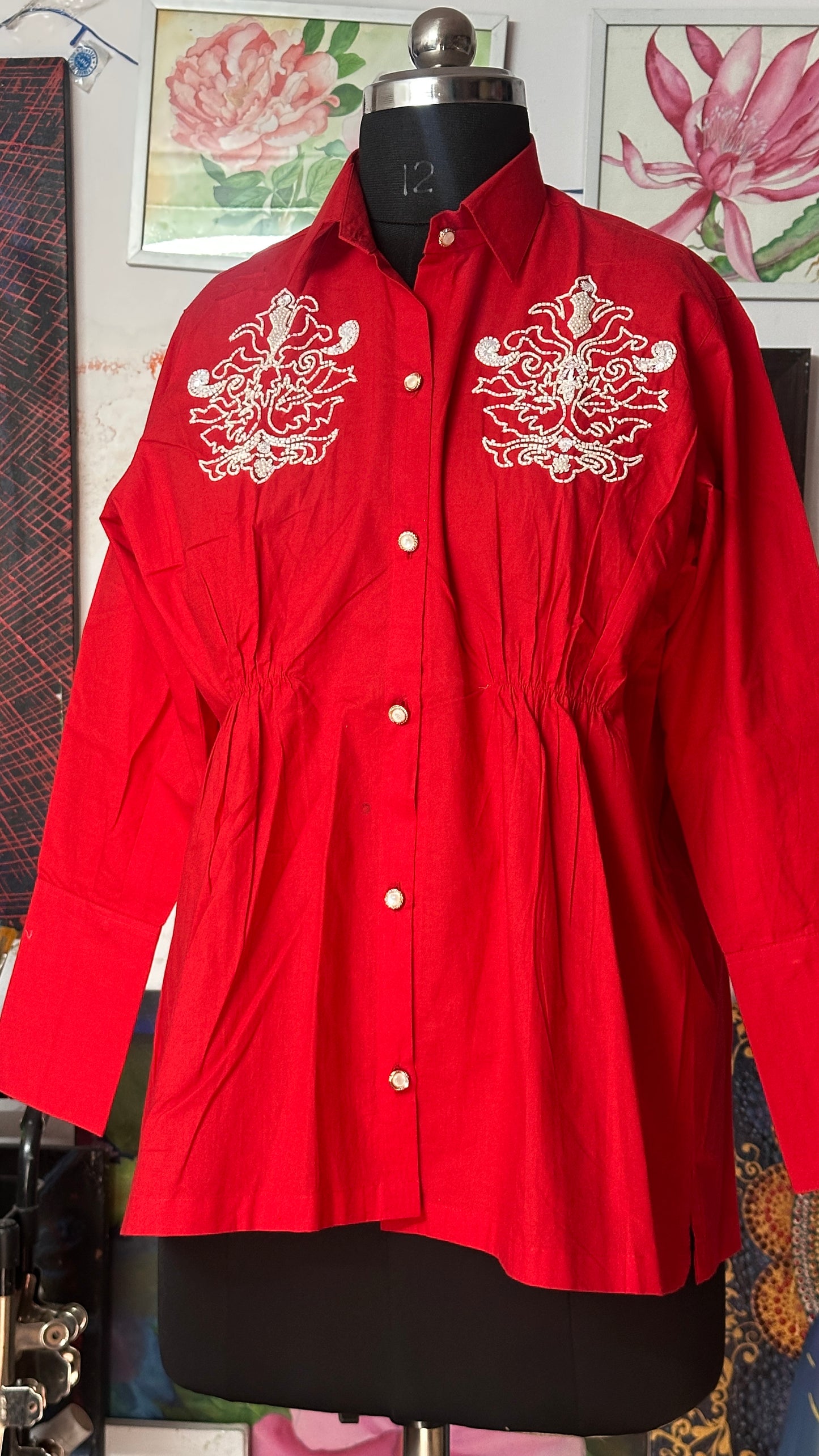 red cotton shirt with white cutdana
