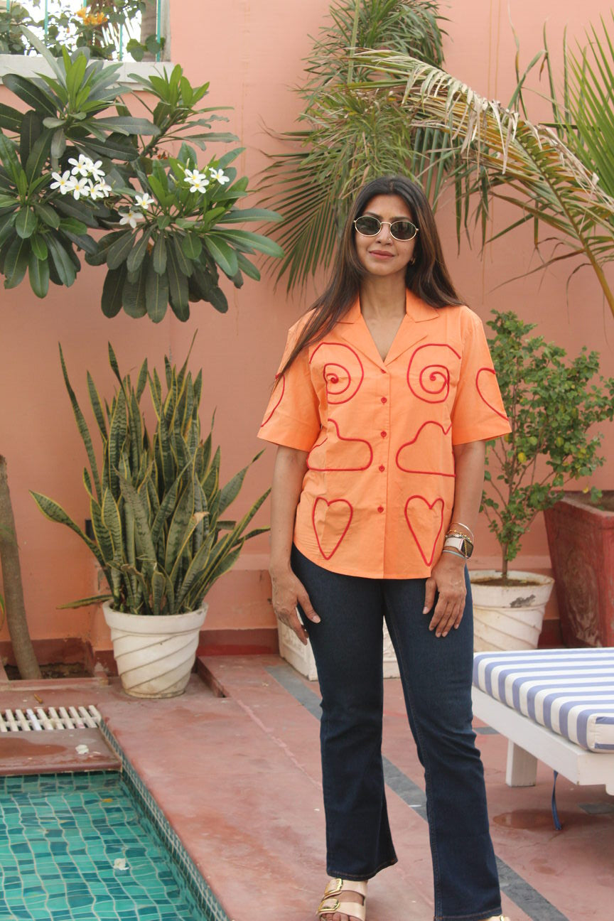 orange patchwork shirt