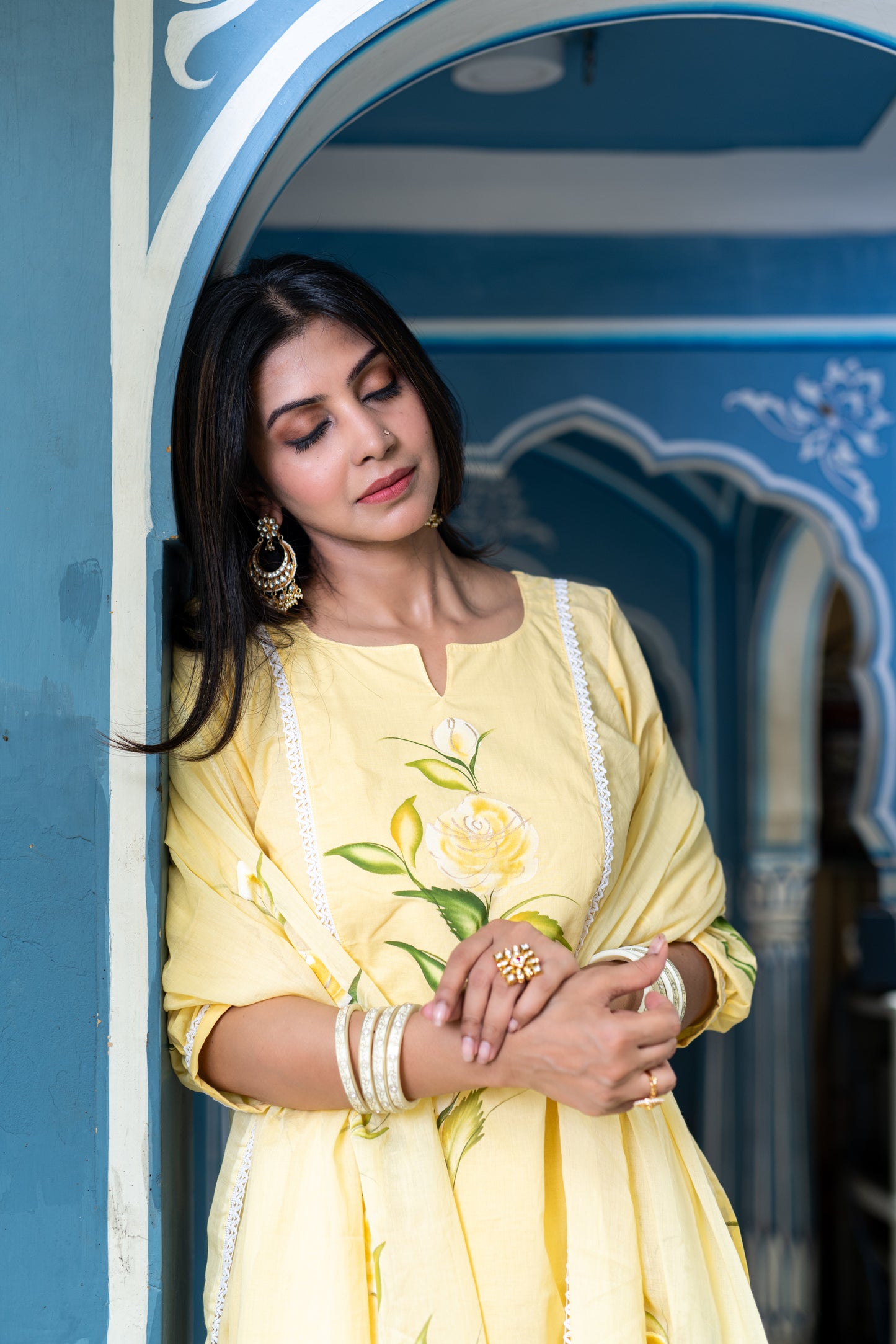 yellow cotton handpainted kurta,pant and dupatta set with lace