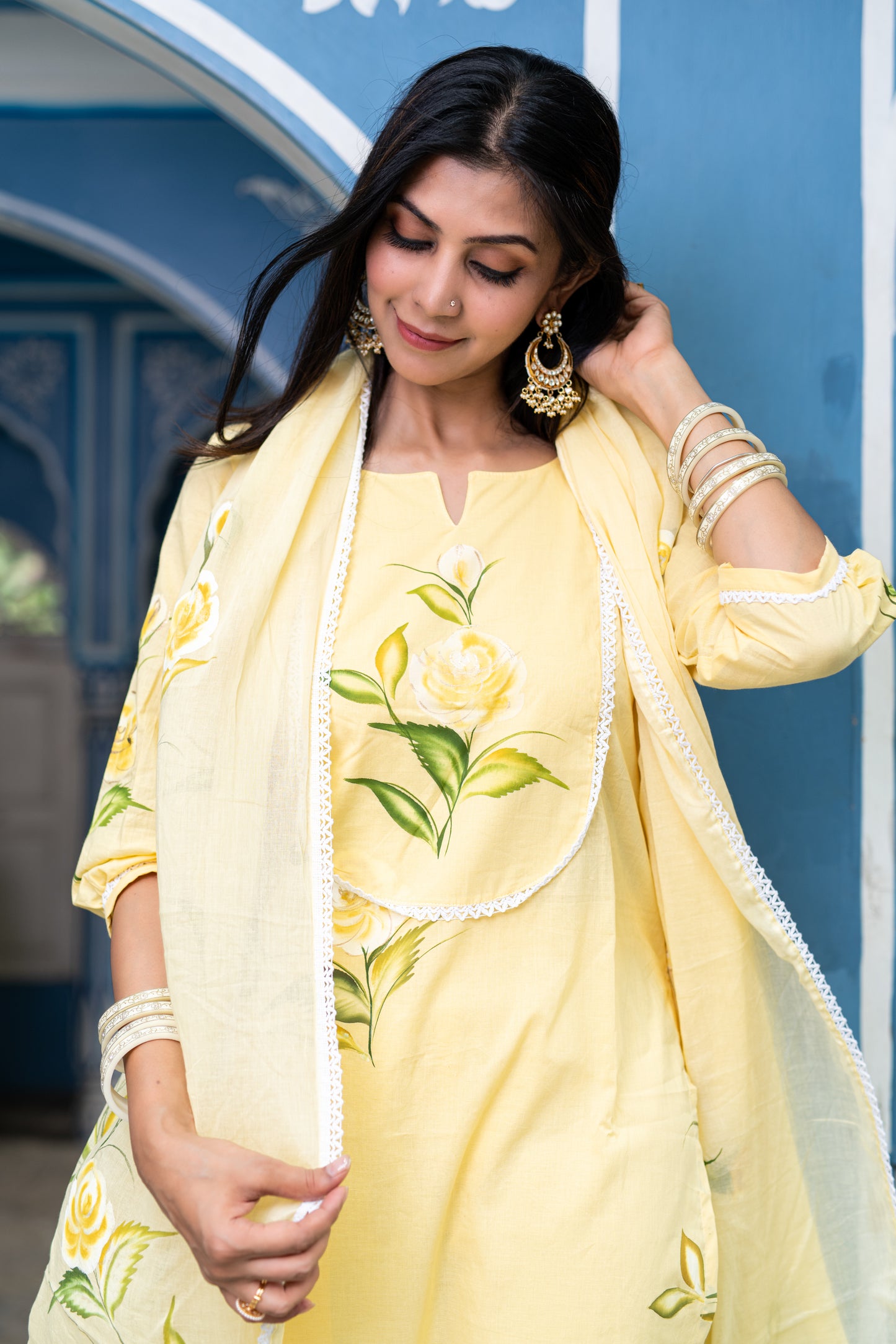 yellow cotton handpainted kurta,pant and dupatta set with lace