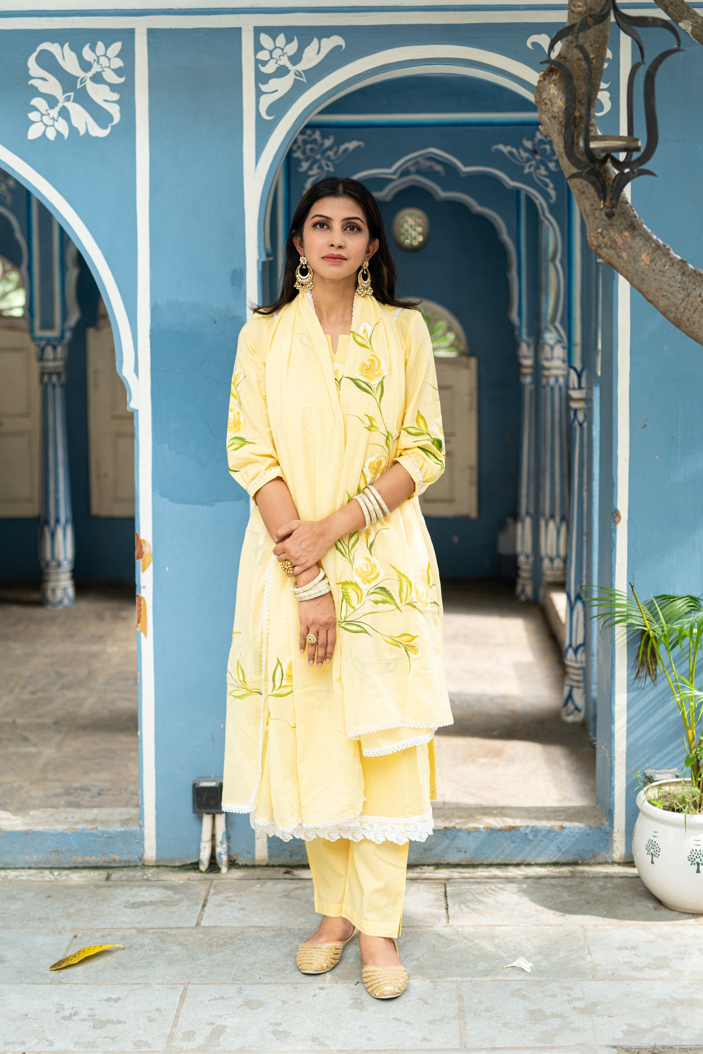 yellow cotton handpainted kurta,pant and dupatta set with lace