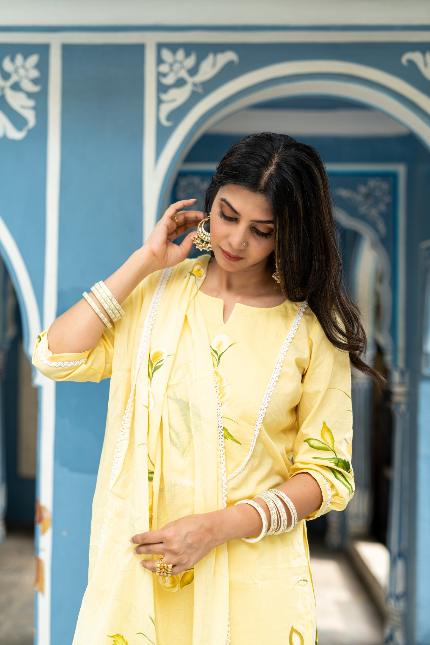 yellow cotton handpainted kurta,pant and dupatta set with lace