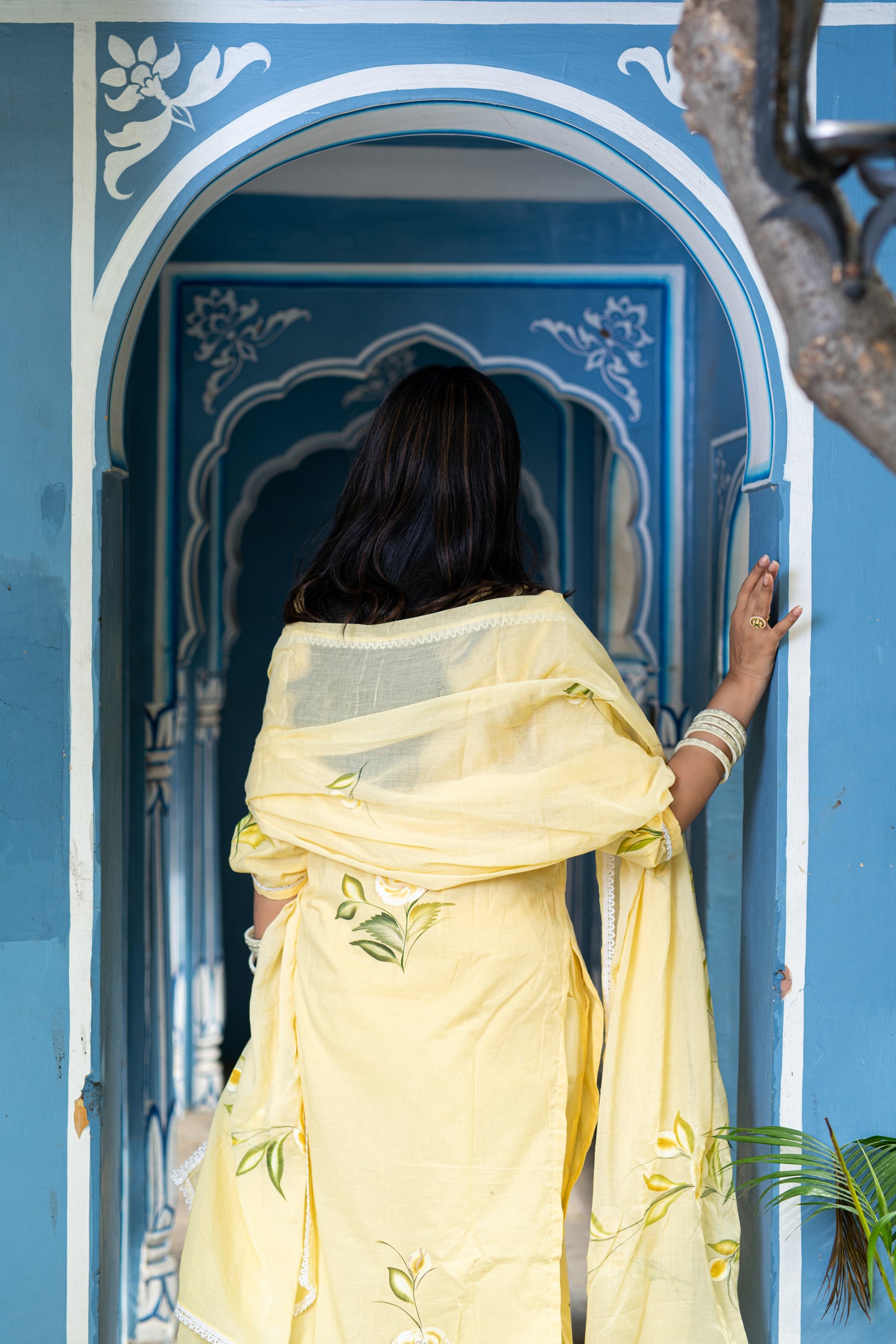 yellow cotton handpainted kurta,pant and dupatta set with lace