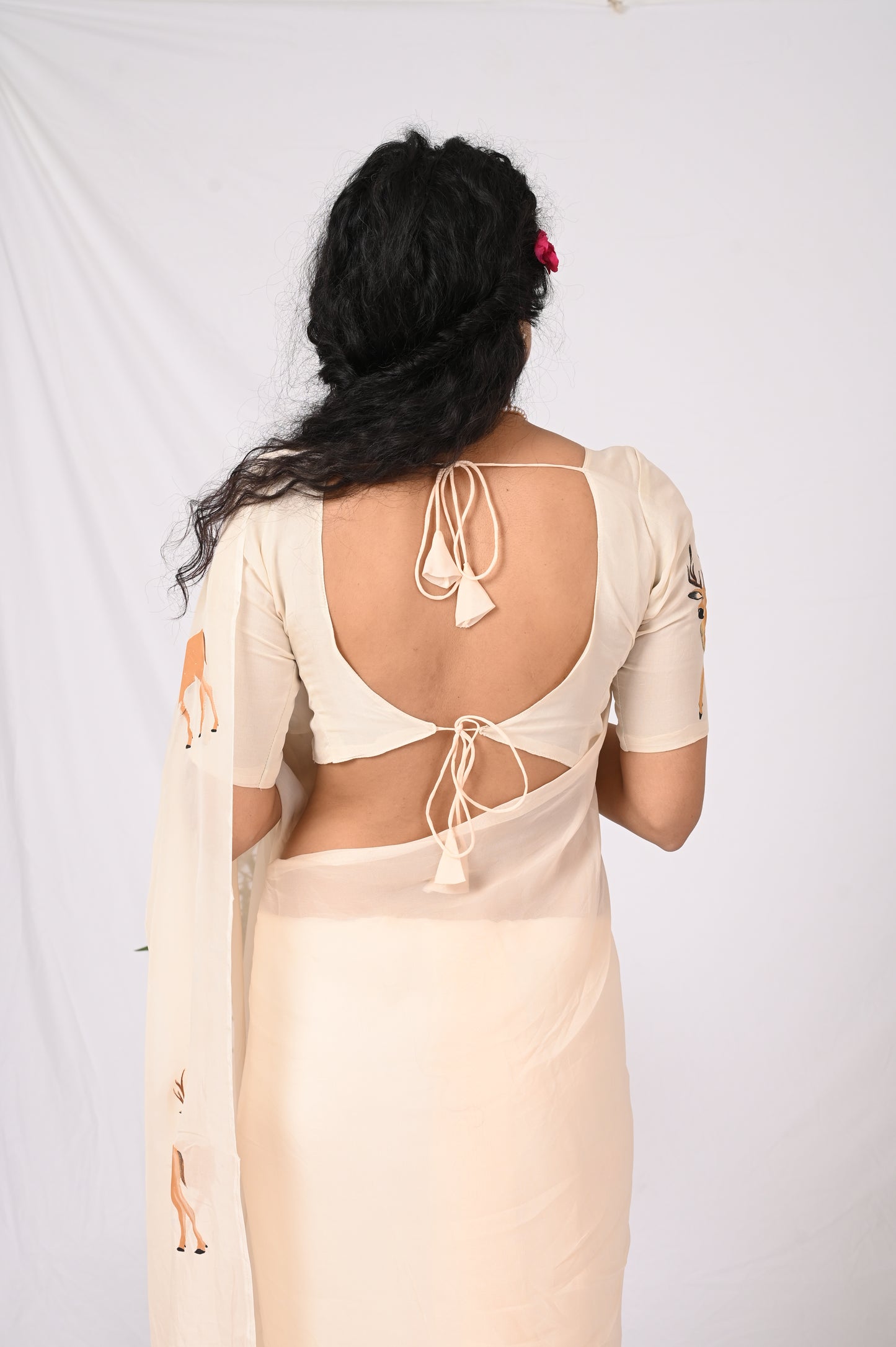 reindeer handpainted organza saree