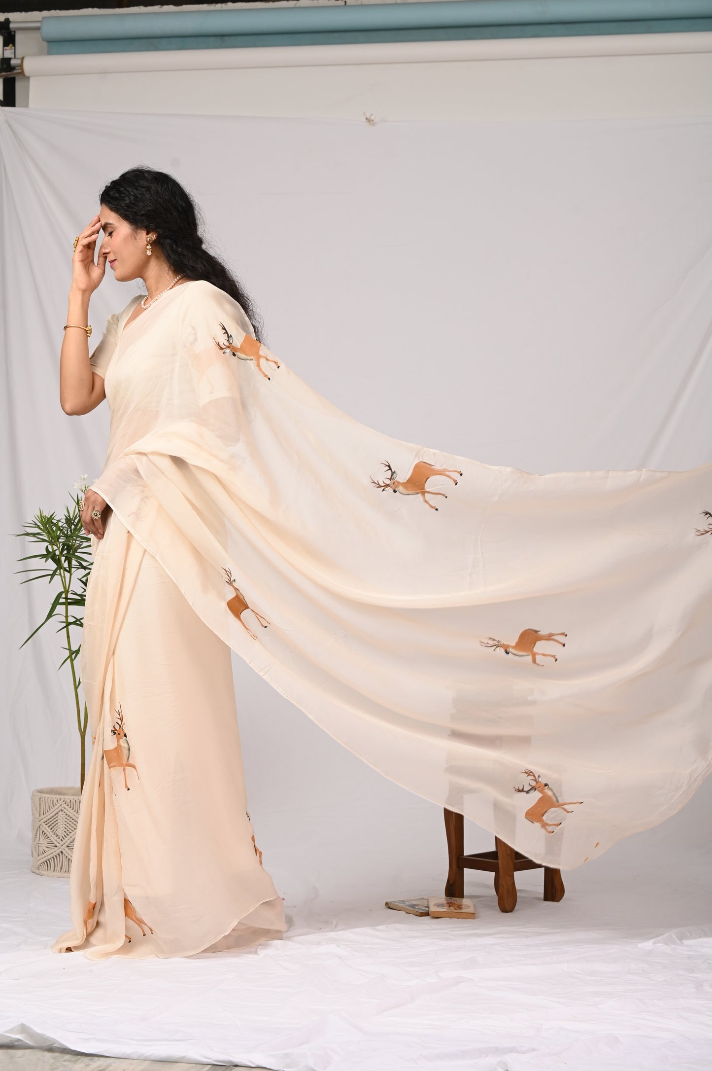reindeer handpainted organza saree
