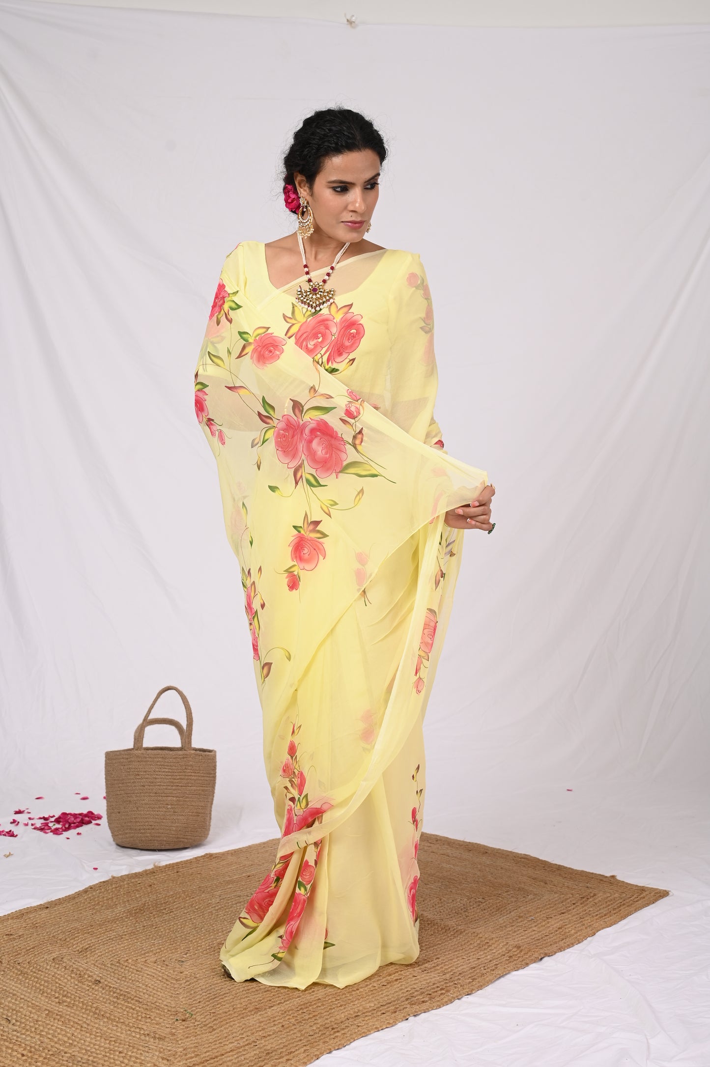yellow chiffon handpainted saree