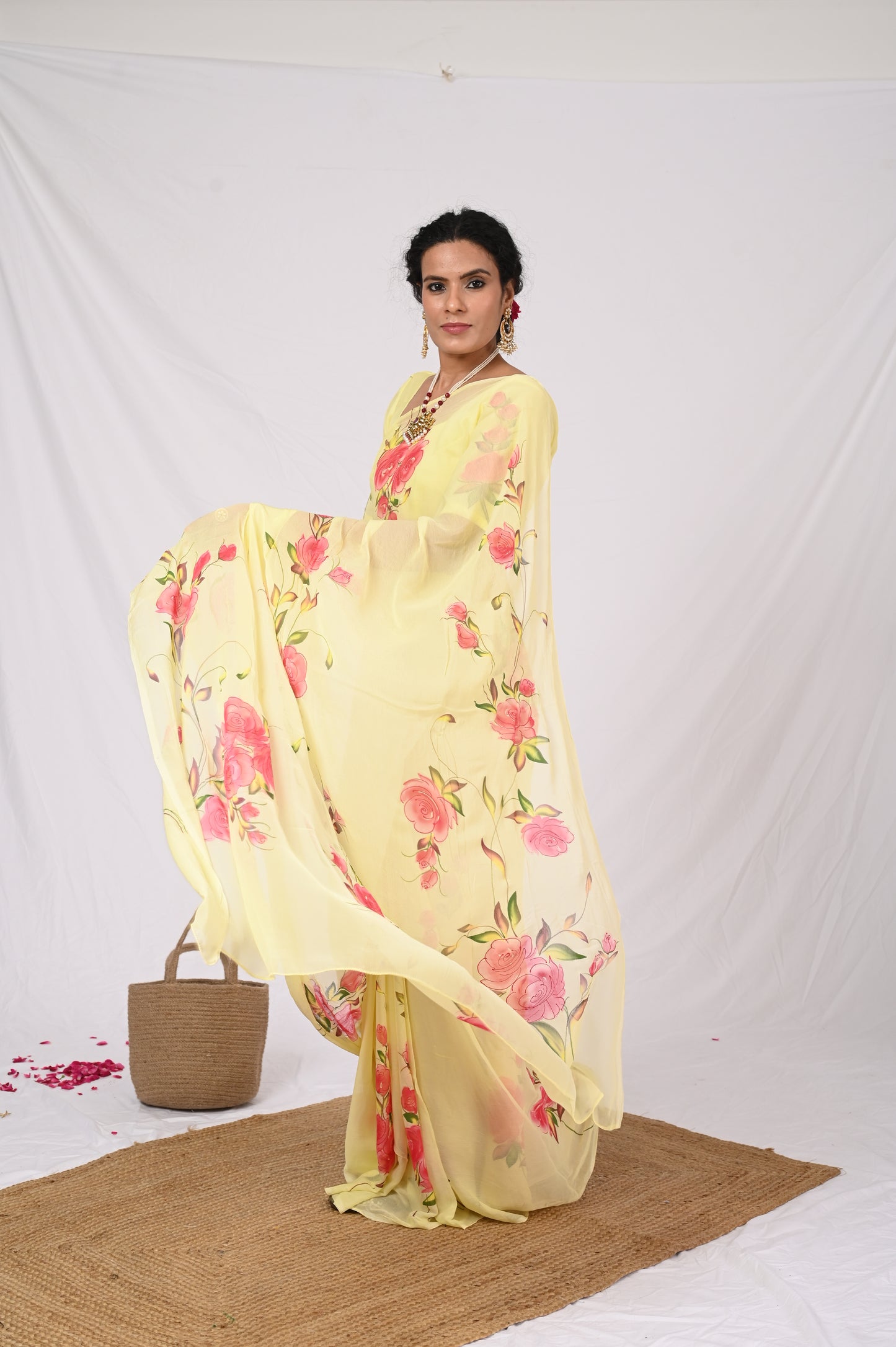 yellow chiffon handpainted saree