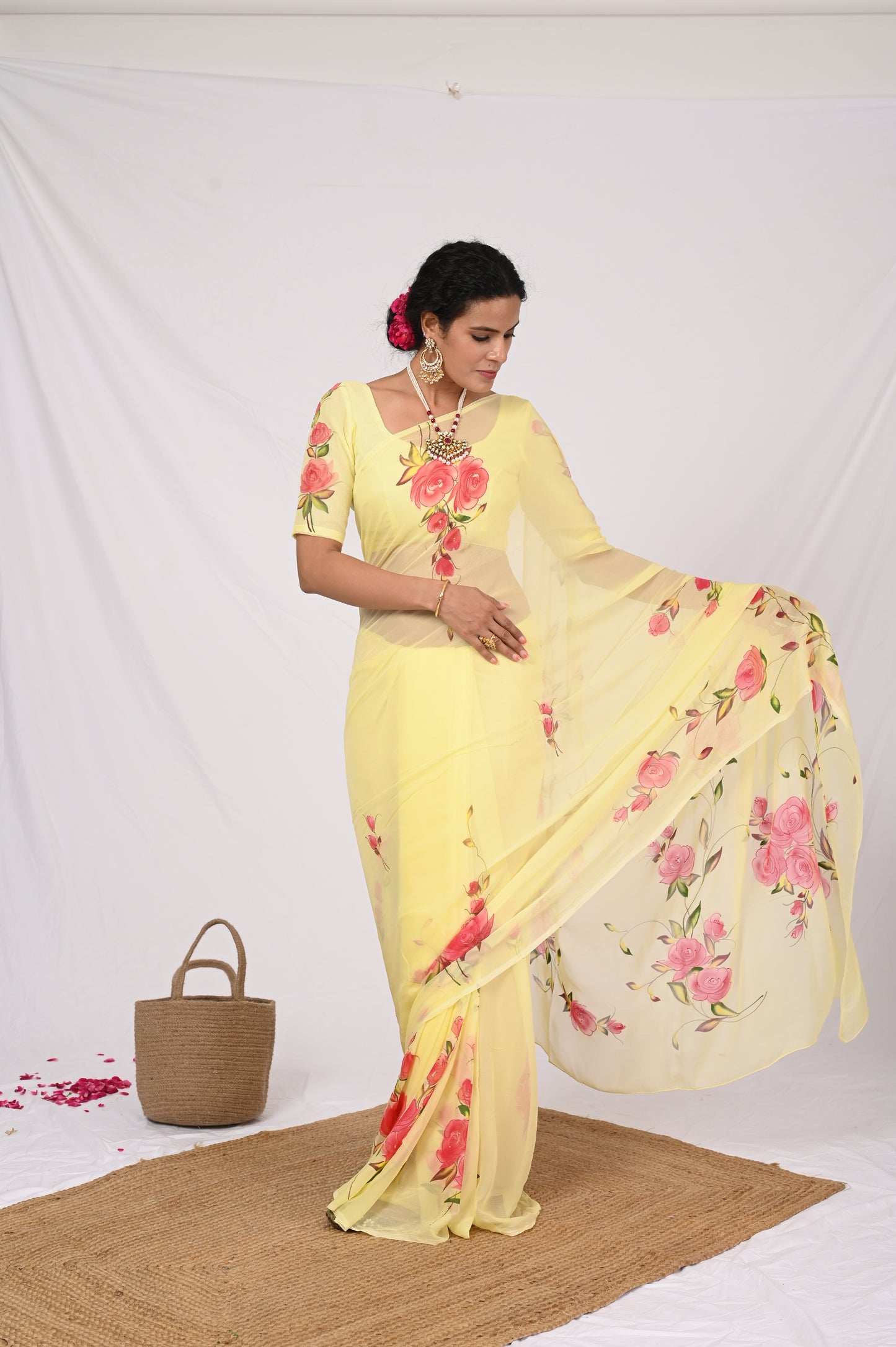 yellow chiffon handpainted saree