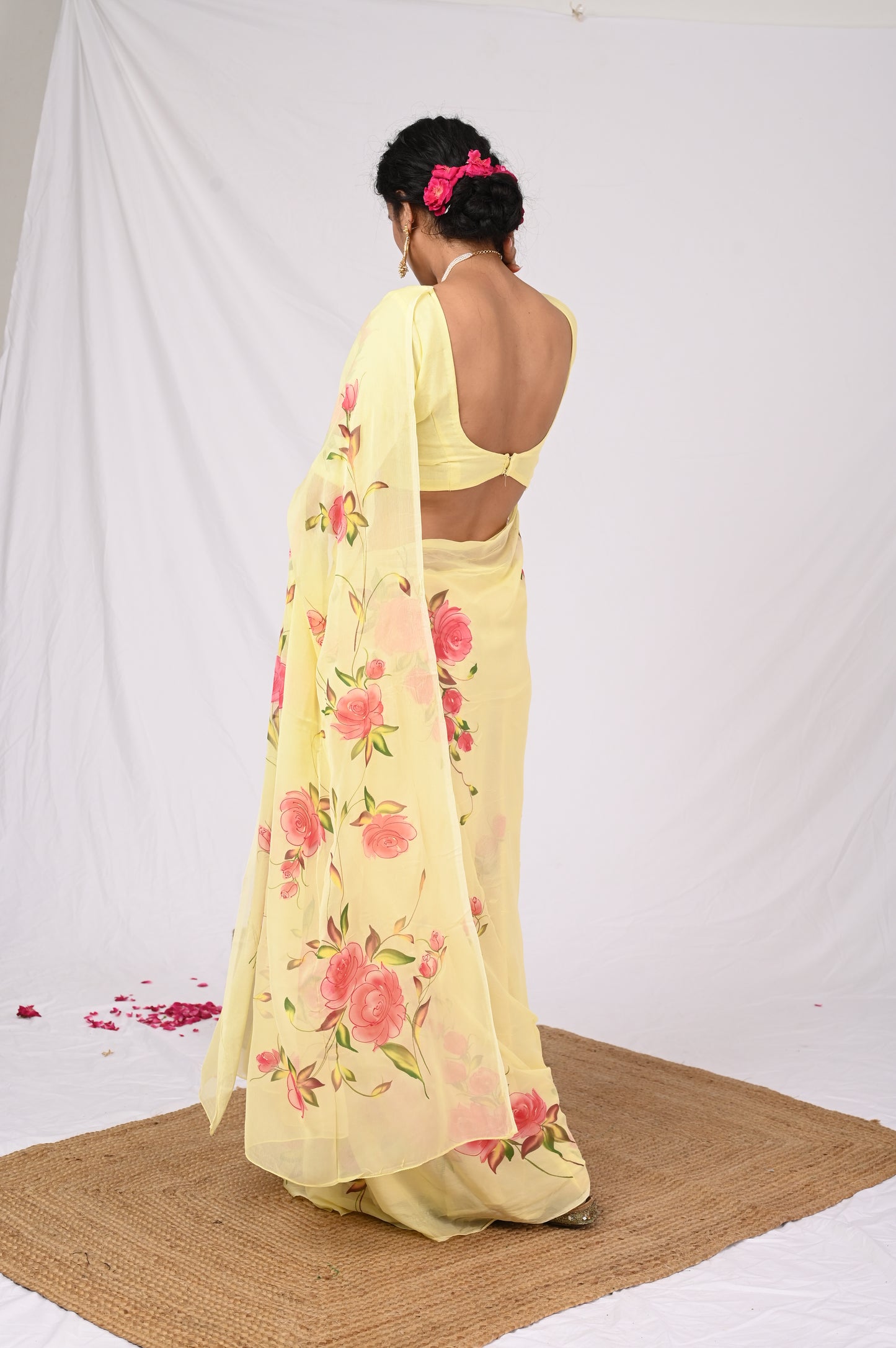 yellow chiffon handpainted saree