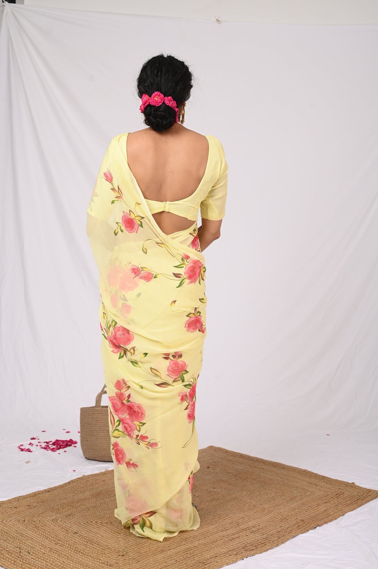 yellow chiffon handpainted saree