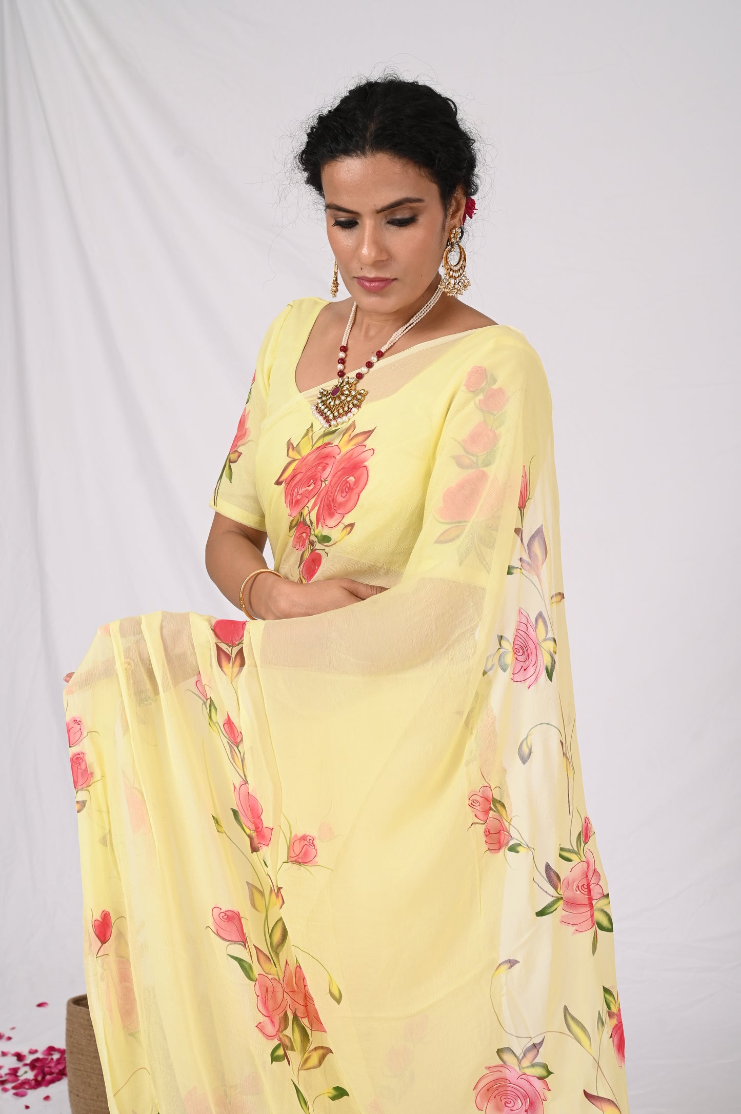 yellow chiffon handpainted saree