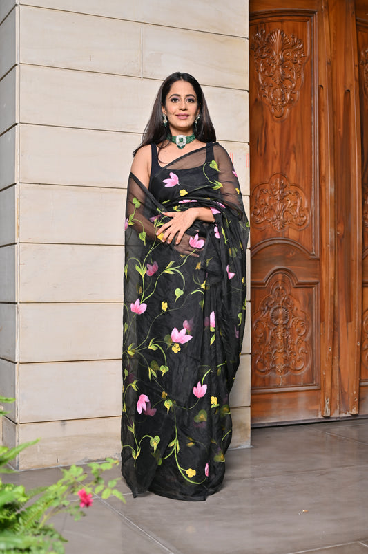 BLACK ORGANZA HANDPAINTED SAREE