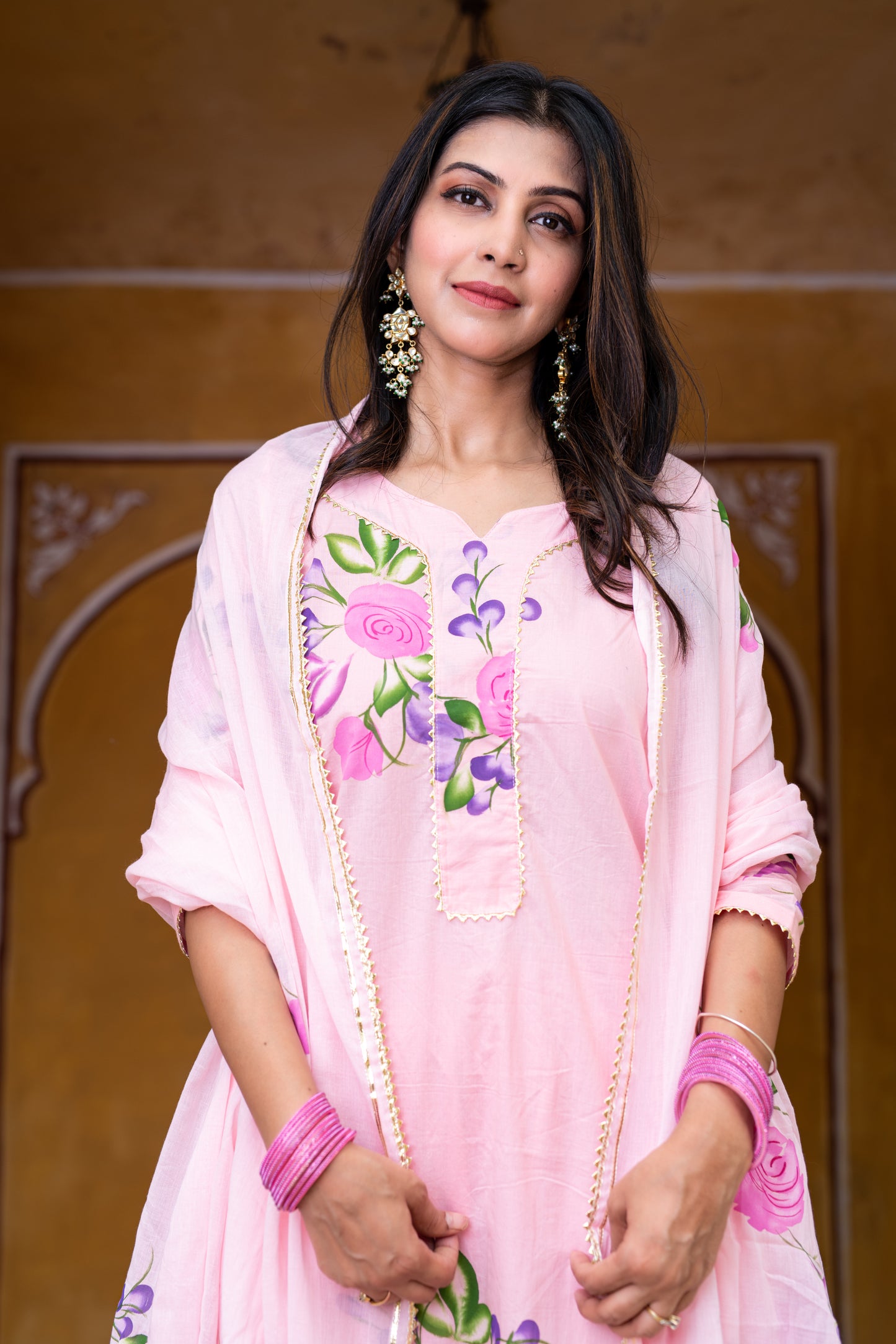 Peach Cotton Handpainted Kurta Pant And Dupatta Set with Gota Work