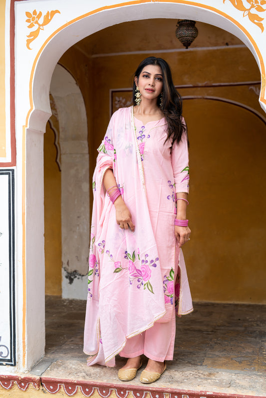 Peach Cotton Handpainted Kurta Pant And Dupatta Set with Gota Work
