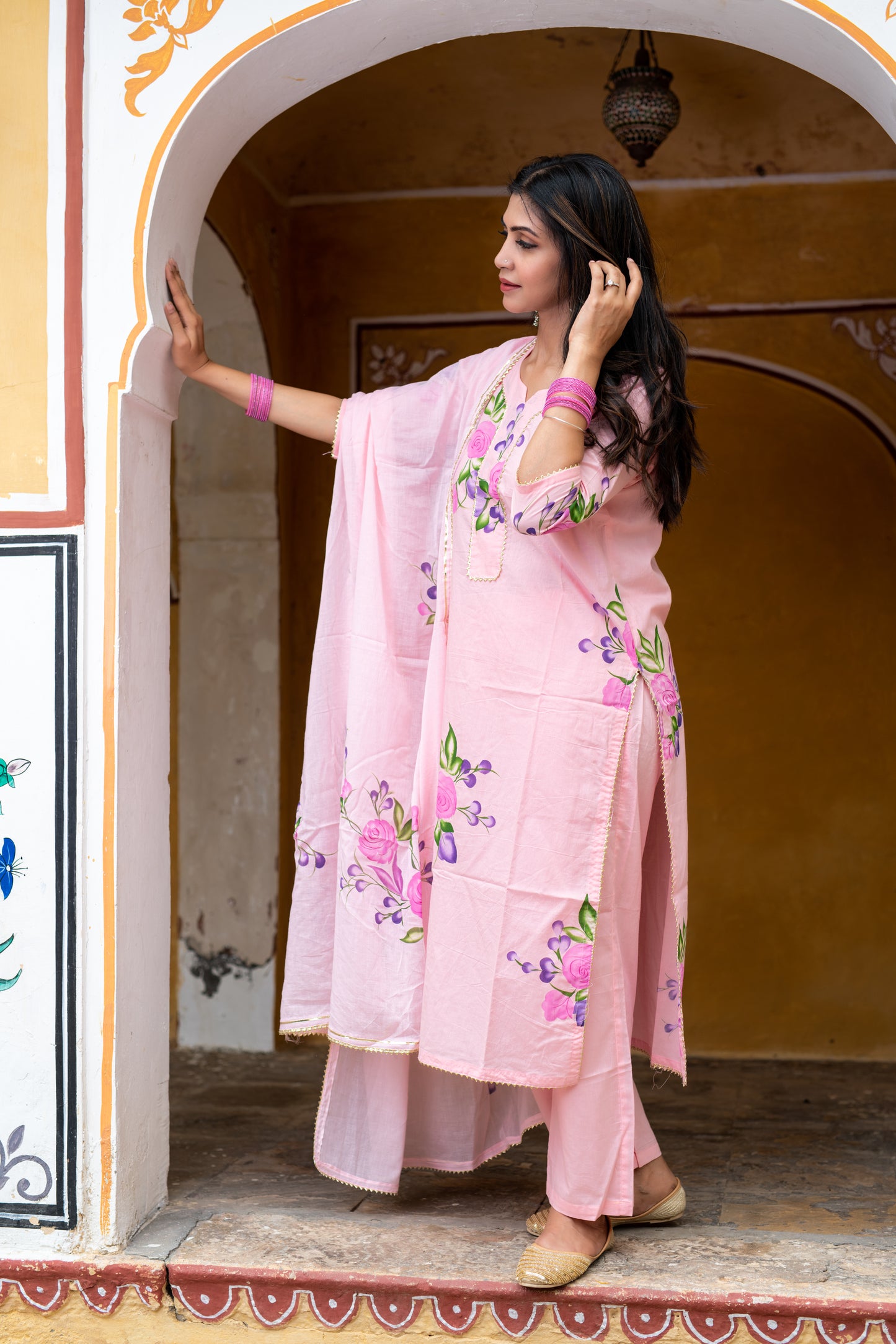 Peach Cotton Handpainted Kurta Pant And Dupatta Set with Gota Work