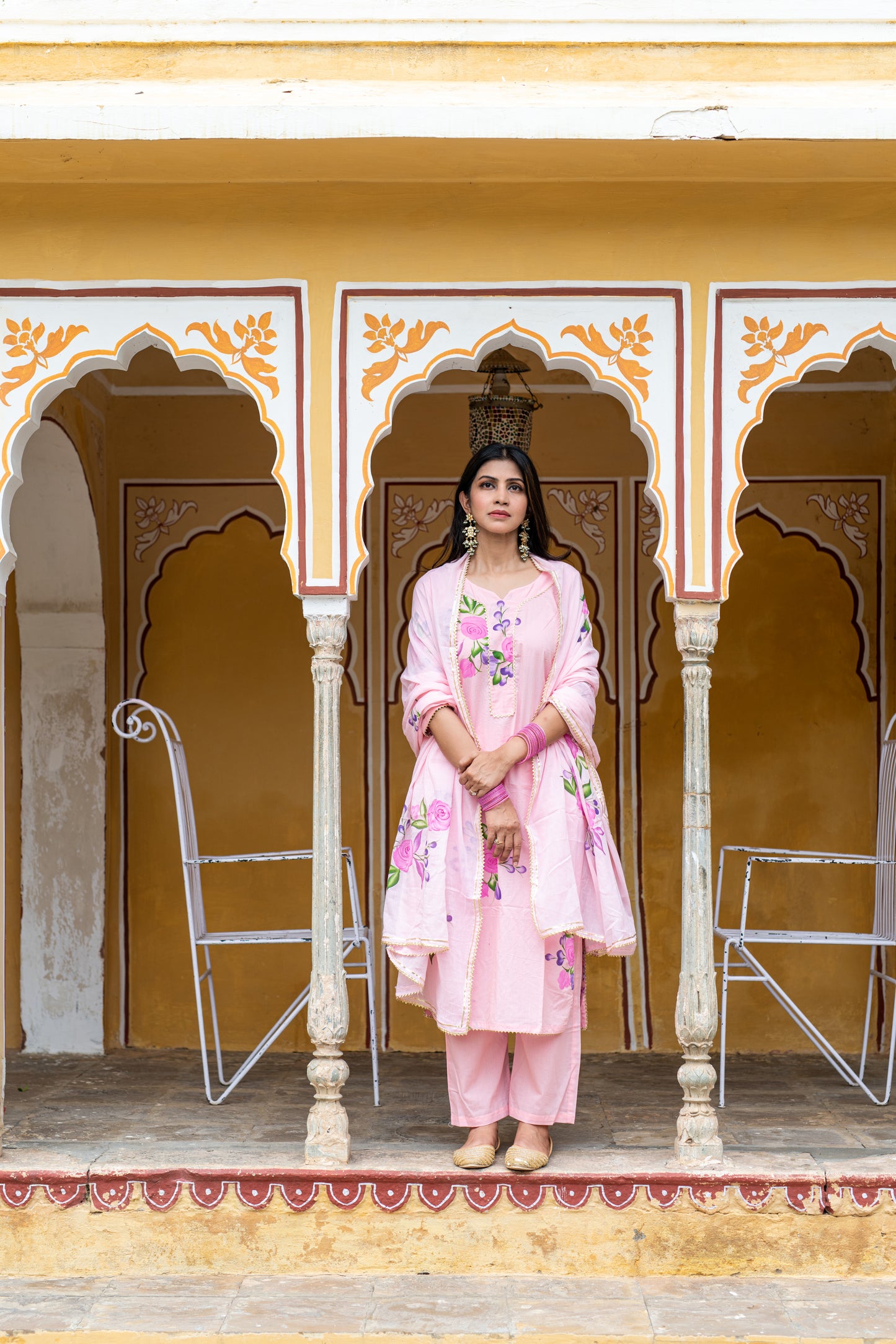 Peach Cotton Handpainted Kurta Pant And Dupatta Set with Gota Work